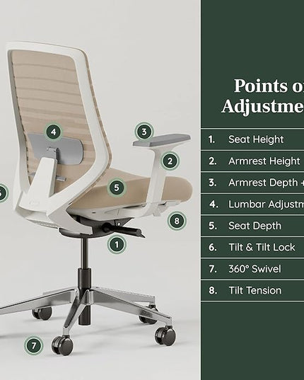 Branch Ergonomic Chair - A Versatile Desk Chair with Adjustable Lumbar Support, Breathable Mesh Backrest, and Smooth Wheels - Experience Optimal Comfort and Support - Sand - White - LeafyLoom