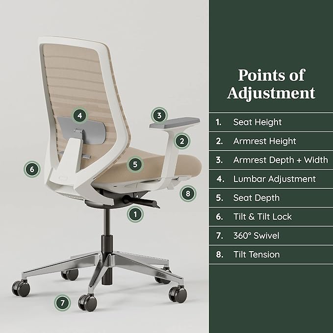 Branch Ergonomic Chair - A Versatile Desk Chair with Adjustable Lumbar Support, Breathable Mesh Backrest, and Smooth Wheels - Experience Optimal Comfort and Support - Sand - White - LeafyLoom