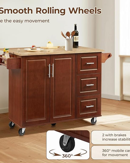 54" Large Kitchen Island Cart with Drop Leaf, Kitchen Island with Storage, Rolling Kitchen Island with Inside Cabinet, 3 Drawers, Spice Rack, Towel Rack and Wood Tabletop(Brown) - LeafyLoom