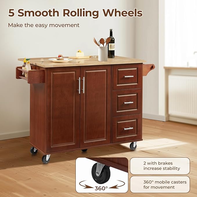 54" Large Kitchen Island Cart with Drop Leaf, Kitchen Island with Storage, Rolling Kitchen Island with Inside Cabinet, 3 Drawers, Spice Rack, Towel Rack and Wood Tabletop(Brown) - LeafyLoom