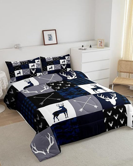 Manfei Camo Deer Antlers Comforter Set Queen, Geometric Plaid Patchwork Bedding 3pcs for Room Decor, Boho Arrow Xmas Quilt Set, Blue Grey Duvet Insert with 2 Pillowcases (WWS10843GYY-BZ_USq) - LeafyLoom