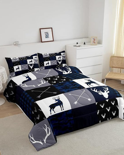 Manfei Camo Deer Antlers Comforter Set Twin,Geometric Plaid Patchwork Bedding Set 2pcs for Kids Teens Girls Boys Room Decor,Boho Arrow Xmas Quilt Set,Blue Grey Duvet Insert with 1 Pillowcase - LeafyLoom