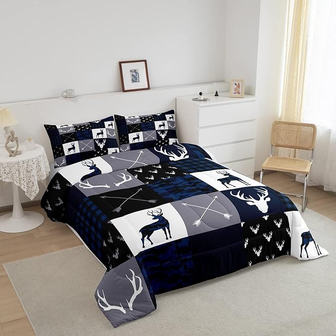 Manfei Camo Deer Antlers Comforter Set Twin,Geometric Plaid Patchwork Bedding Set 2pcs for Kids Teens Girls Boys Room Decor,Boho Arrow Xmas Quilt Set,Blue Grey Duvet Insert with 1 Pillowcase - LeafyLoom