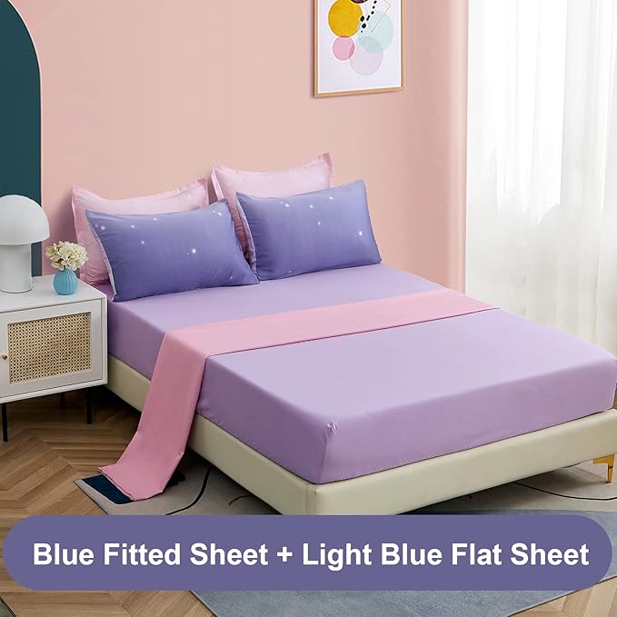 Dinjoy Girls Women Comforter Set King Size Ombre Pink Purple Rainbow Bedding Set 7 Pieces Bed in A Bag for Teen Adult (1 Comforter, 1 Flat Sheet, 1 Fitted Sheet, Pillow shams & Pillowcases) - LeafyLoom