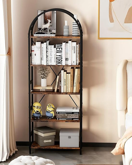 5-Tier Bookshelf, 24 Inch Width Industrial Arched Bookcase, Vintage Storage Rack with Open Shelves, Free Standing Shelf for Home Office, Living Room,Bedroom, Rustic Brown - LeafyLoom