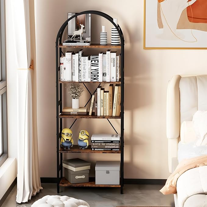 5-Tier Bookshelf, 24 Inch Width Industrial Arched Bookcase, Vintage Storage Rack with Open Shelves, Free Standing Shelf for Home Office, Living Room,Bedroom, Rustic Brown - LeafyLoom