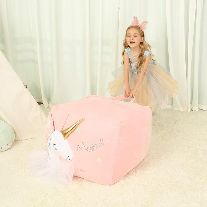 Pink Unicorn Bean Bag Chair for Girls Room Decorations, Toy Storage Beanbag Chairs, Velvet Fabric Super Soft, Extra Large Size Cover Only - LeafyLoom