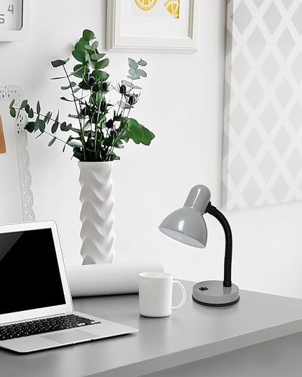 Simple Designs LD1003-SLV-LB 14.25" Basic Metal Desk Lamp with Flexible Hose Neck for Office, Living Room, Bedroom, College Dorm, Bookshelf, Silver, with Feit LED Bulb Included - LeafyLoom