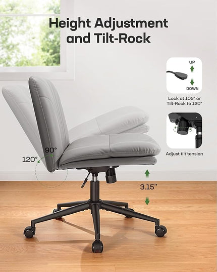 Marsail Armless-Office Desk Chair with Wheels: PU Leather Cross Legged Wide Chair,Comfortable Adjustable Swivel Computer Task Chairs for Home,Office,Make Up,Small Space,Bed Room, Grey - LeafyLoom
