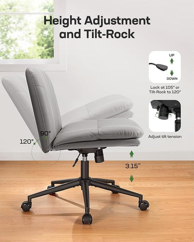 Marsail Armless-Office Desk Chair with Wheels: PU Leather Cross Legged Wide Chair,Comfortable Adjustable Swivel Computer Task Chairs for Home,Office,Make Up,Small Space,Bed Room, Grey - LeafyLoom