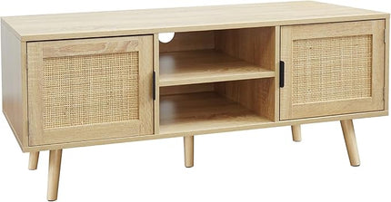 Anmytek Farmhouse Rattan TV Stand Modern Wood Media Entertainment Center Console Table for TVs up to 55 Inches with 2 Doors and 2 Open Shelves, Natural Oak, H0015 - LeafyLoom
