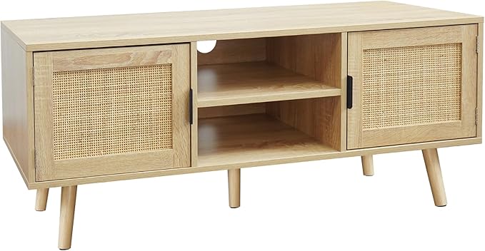 Anmytek Farmhouse Rattan TV Stand Modern Wood Media Entertainment Center Console Table for TVs up to 55 Inches with 2 Doors and 2 Open Shelves, Natural Oak, H0015 - LeafyLoom