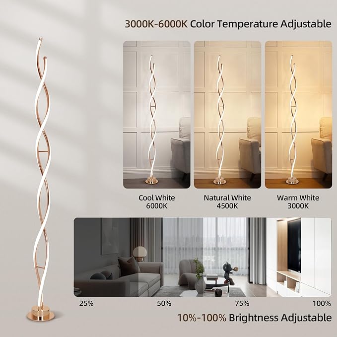 ADISUN 31W Modern Floor Lamp, LED Spiral Floor Lamp for Living Room, 3-Color Dimmable Standing Floor Lamp with Remote Control, 58" Tall Floor Lamp for Living Room Bedroom Office Dining Room (Gold) - LeafyLoom