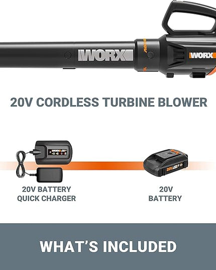 WORX Cordless Leaf Blower 20V WORXAIR Turbine Blower WG547.2 for Lawn Care Yard Work, 2 Variable Speed Control, 1 * 4.0 Ah Battery & Charger Included - LeafyLoom