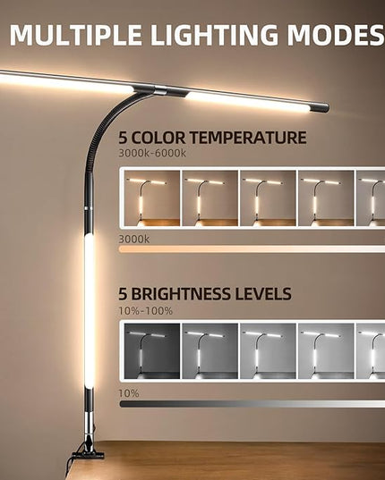 LED Desk Lamps for Home Office, 360° Rotatable Double Head Desk Light with Clamp, 25 Lighting Modes Gooseneck Monitor Smart Light, 24W Architect Table Lamp for Workbench Drafting Study - LeafyLoom