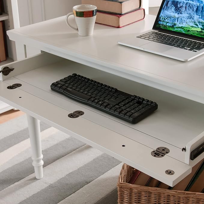 Leick Home Cottage White Turned leg Laptop Desk with Center Drawer, White - LeafyLoom