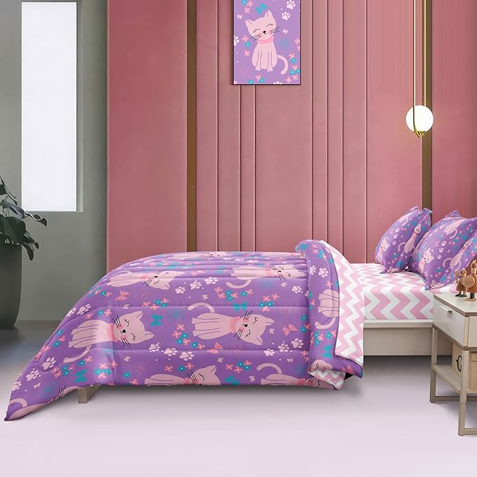 5 Piece Girls Cat Comforter Set Full Size Bed in A Bag Pink Cute Cartoon Cats Bedding Set for Kids Teens (1 Comforter, 1 Flat Sheet, 1 Fitted Sheet, 2 Pillowcases), Purple Pink - LeafyLoom