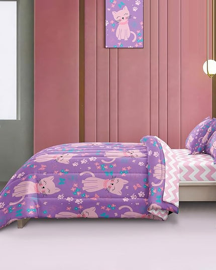 5 Piece Girls Cat Comforter Set Twin Size Bed in A Bag Pink Cute Cartoon Cats Bedding Set for Kids Teens (1 Comforter, 1 Flat Sheet, 1 Fitted Sheet, 2 Pillowcases), Purple Pink - LeafyLoom