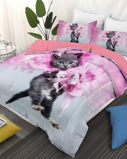 Cat Comforter Set Queen Size for Kids Pink Feathers Black Cat 3Pcs Bedding Set for boys and Girls (1Summer Comforter+ 2 Pillowcases) Lovely Animal Pets Duvet Set - LeafyLoom