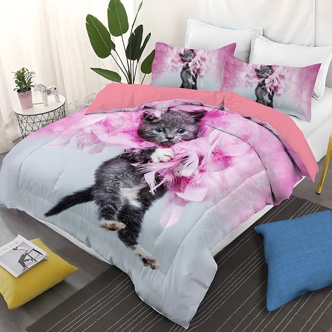 Cat Comforter Set Queen Size for Kids Pink Feathers Black Cat 3Pcs Bedding Set for boys and Girls (1Summer Comforter+ 2 Pillowcases) Lovely Animal Pets Duvet Set - LeafyLoom