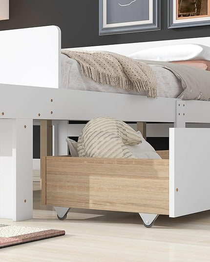 Dolonm Full Bed Frames for Kids with 2 Drawers, Storage Platform Bed with Footboard Bench, Twin Kids Bed Headboard Frame Pine Wood, High Stable, No Box Spring Needed, Twin Bed for Kids, White - LeafyLoom