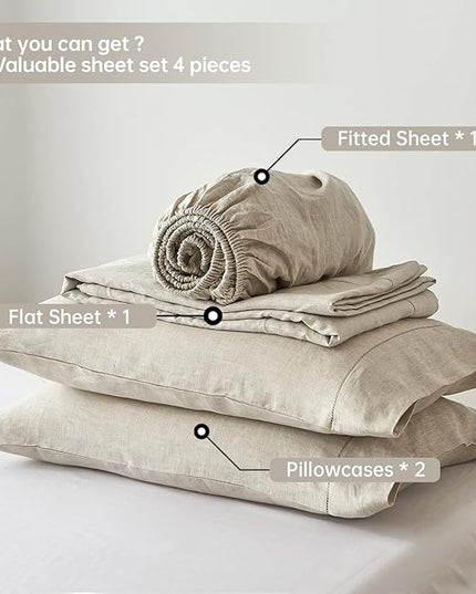 Simple&Opulence 100% Belgian Linen Sheet Set Handmade Hemstitch Linen King Size Bed Sheet-4 Piece (1 Flat Sheet+1 Fitted Sheet+2 Pillowcases)-Natural Flax Farmhouse Bedding - LeafyLoom