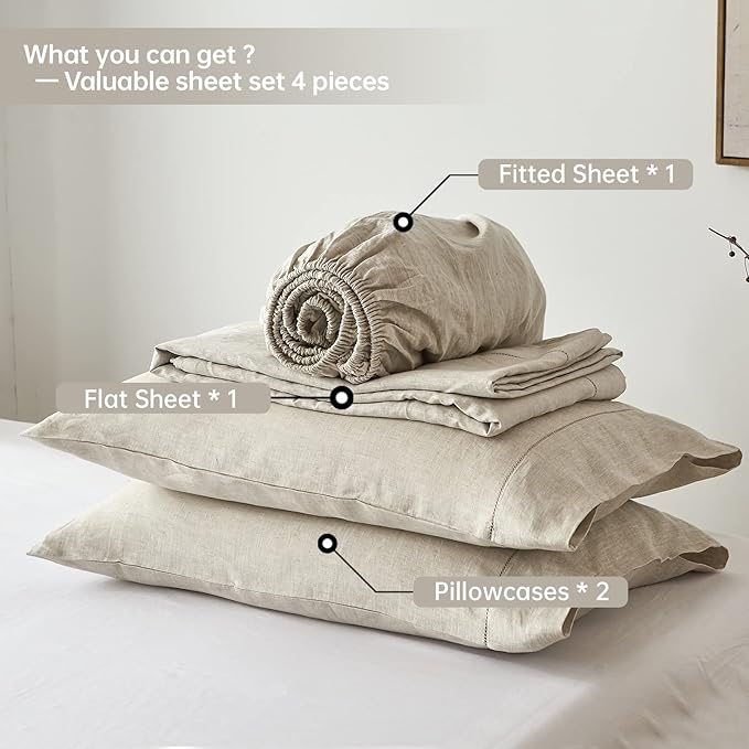 Simple&Opulence 100% Belgian Linen Sheet Set Handmade Hemstitch Linen Twin Size Bed Sheet-3 Piece (1 Flat Sheet+1 Fitted Sheet+1 Pillowcase)-Natural Flax Farmhouse Bedding - LeafyLoom