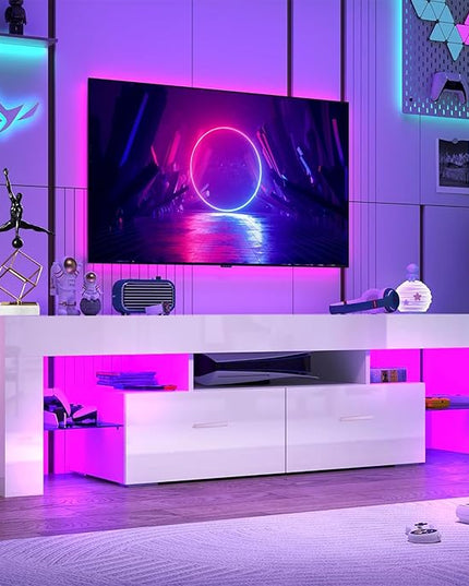 LED TV Stand for Televisions up to 65 inches, Entertainment Center and Media Console with Storage Drawers and Glass Shelves for Living Room, Bedroom - LeafyLoom