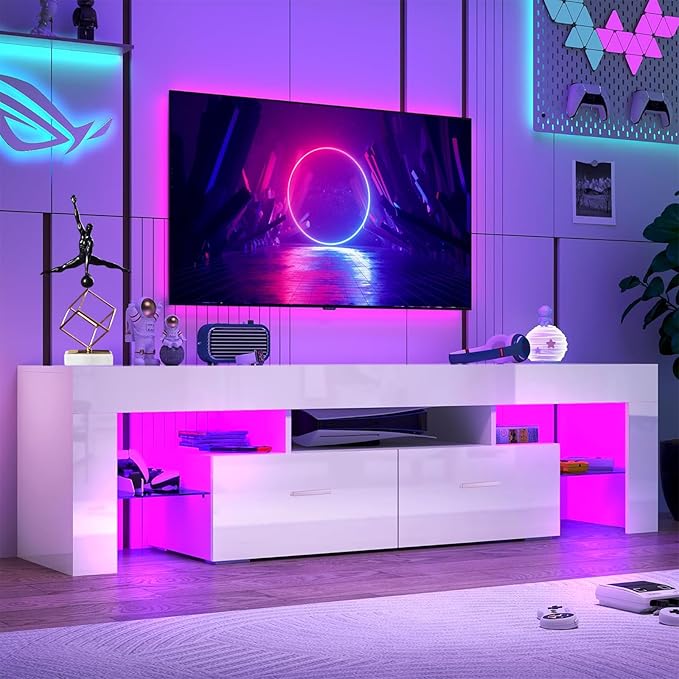 LED TV Stand for Televisions up to 65 inches, Entertainment Center and Media Console with Storage Drawers and Glass Shelves for Living Room, Bedroom - LeafyLoom