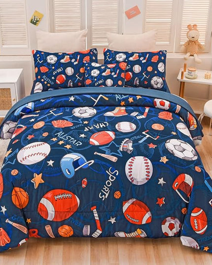 Sports Comforter Set with Sheet, 6 Pcs Bed in A Bag Twin Size Soccer Basketball Baseball Football Bedding Set for Boys Kids - LeafyLoom