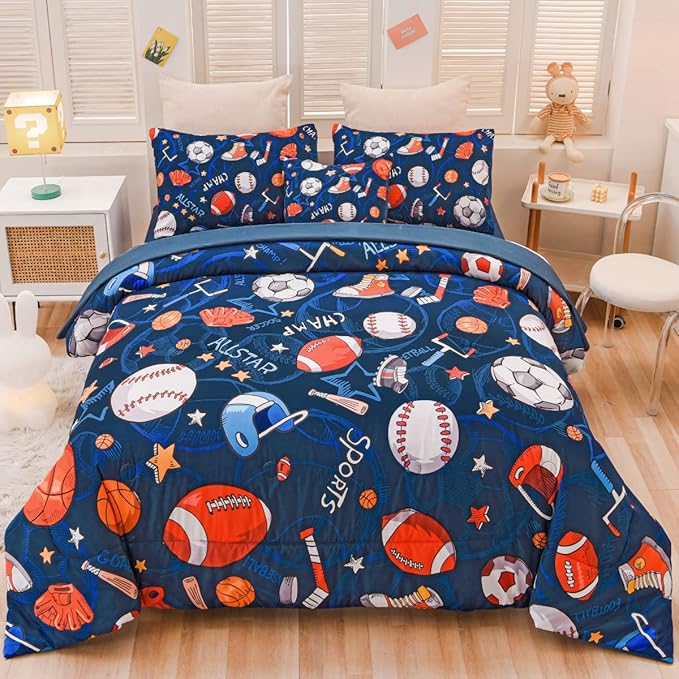 Sports Comforter Set with Sheet, 6 Pcs Bed in A Bag Twin Size Soccer Basketball Baseball Football Bedding Set for Boys Kids - LeafyLoom
