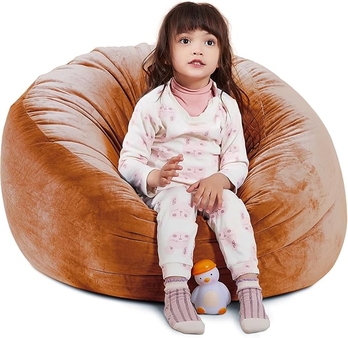 Bean Bag Chair Cover, Stuffed Animal Storage, Plush Toys Organizer Holder, Beanbag Chairs Cover for Kids Teans and Adults Super Soft and Comfortable Fabric X-Large with Handle and Zipper - Round Brown - LeafyLoom