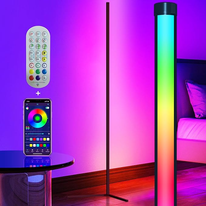 Bodun RGB Corner Floor Lamp 56 inches Smart LED Mood Lighting Bar Ambient Light Tower with Music Sync Floor Lamps for Living Room Remote Control Color Changing - LeafyLoom