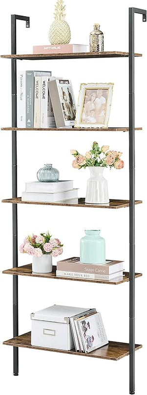 Tajsoon Large Bookcase, Industrial Ladder Shelf, 5 Tier Wood Wall Mounted with Metal Frame, Open Display Storage Shelves for Home, Office, Collection, Plant Flower, Rustic Brown & Black, 25.2''W - LeafyLoom
