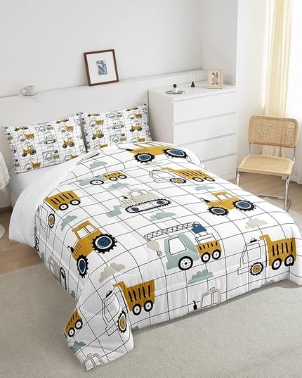 Kids Cute Cars Bedding Set Boys Cartoon Truck Tractor Cargo Comforter Set Machinery Bulldozer Crane Comforter Black White Grid Duvet Set Bright Decor Quilt Full Size Boys - LeafyLoom