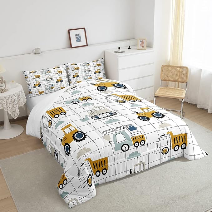 Kids Cute Cars Bedding Set Boys Cartoon Truck Tractor Cargo Comforter Set Machinery Bulldozer Crane Comforter Black White Grid Duvet Set Bright Decor Quilt Full Size Boys - LeafyLoom