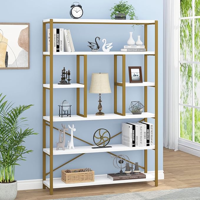 LVB Gold Book Shelf Organizer, Large Tall 6 Tier Bookshelves Storage, Big Modern Metal Wooden 6 Shelf Bookcase, Farmhouse Open Display Vertical Bookshelf for Bedroom Living Room Office, White and Gold - LeafyLoom