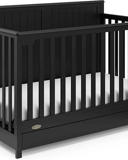Graco Hadley 5-in-1 Convertible Crib with Drawer (Black) – Combo, Includes Full-Size Nursery Storage, Converts from Baby Crib to Toddler Bed, Daybed - LeafyLoom