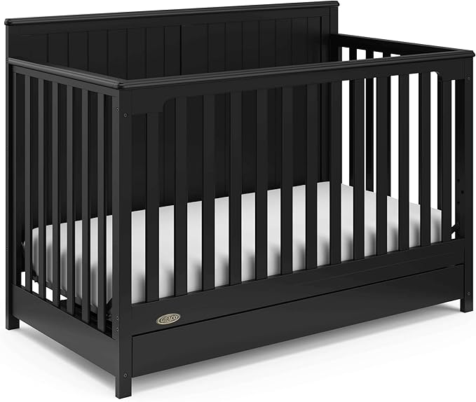 Graco Hadley 5-in-1 Convertible Crib with Drawer (Black) – Combo, Includes Full-Size Nursery Storage, Converts from Baby Crib to Toddler Bed, Daybed - LeafyLoom