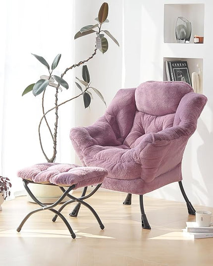 Plush Lazy Chair and Ottoman, Large Contemporary Accent Lounge Chair with Armrests and a Side Pocket, Modern Leisure Upholstered Sofa Reading Armchair with Footrest for Bedroom, Living Room - LeafyLoom