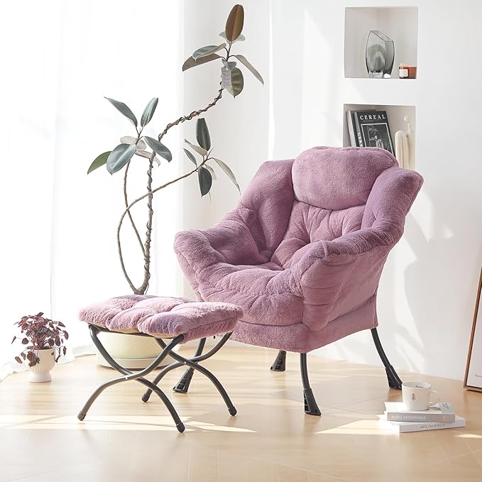 Plush Lazy Chair and Ottoman, Large Contemporary Accent Lounge Chair with Armrests and a Side Pocket, Modern Leisure Upholstered Sofa Reading Armchair with Footrest for Bedroom, Living Room - LeafyLoom