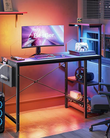 Bestier Gaming Desk with LED Lights, 44 Inch PC Gamer Desk for Small Spaces, Computer Desk with Reversible Storage Shelves & Side Storage Bag (Black Grained) - LeafyLoom