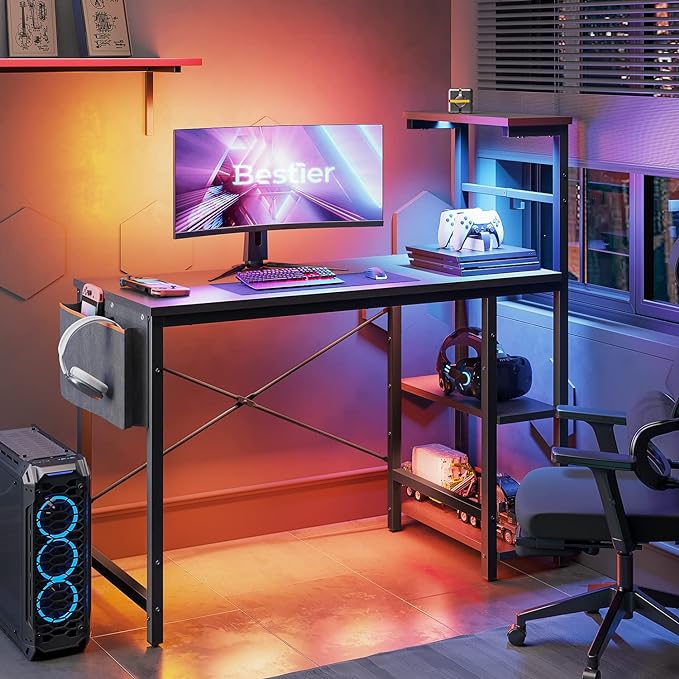Bestier Gaming Desk with LED Lights, 44 Inch PC Gamer Desk for Small Spaces, Computer Desk with Reversible Storage Shelves & Side Storage Bag (Black Grained) - LeafyLoom