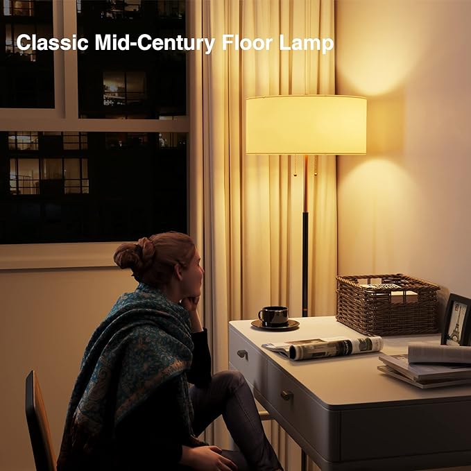 2-Light Floor Lamp, Mid Century Floor Lamp with White Fabric Shade, Standing Lamp Tall Lamp for Living Room Bedroom, 3 Color Temperatures 9W Bulb Include - LeafyLoom