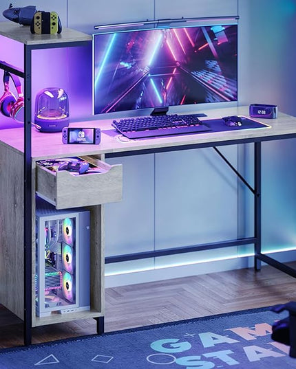 Bestier Gaming Desk with Drawer and LED Lights, 48 inch Computer Desk PC Table with Adjustable Storage Shelves & Hook for Home Office, Light Grey - LeafyLoom