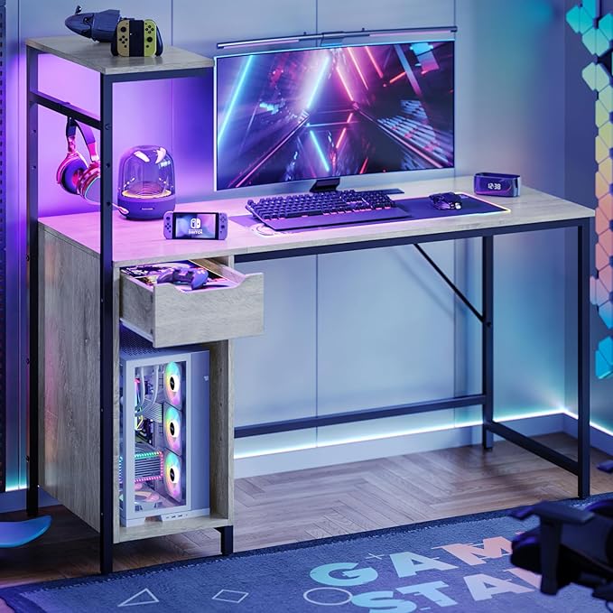 Bestier Gaming Desk with Drawer and LED Lights, 48 inch Computer Desk PC Table with Adjustable Storage Shelves & Hook for Home Office, Light Grey - LeafyLoom
