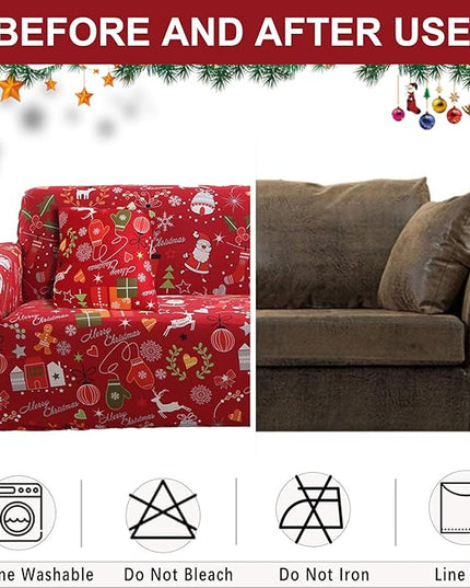 Mybedsoul Christmas Printed Sofa Cover Santa Claus Elastic Couch Cover Machine Washable Christmas Theme Red Sofa Slipcover for Living Room(2 Seater/Loveseat) Mybedsoul