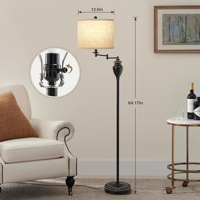 Floor Lamp for Living Room Bedroom, 3 Color Temperature 350° Adjustable Swing Arm Floor Lamp Vintage Standing Lamp Traditional Farmhouse Floor Lamp Tall Lamp for Office Home Nursery Study Room Hotel - LeafyLoom