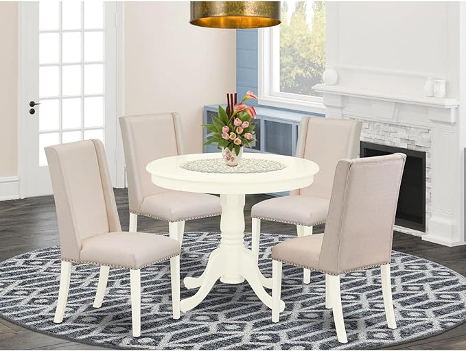 East West Furniture ANFL5-LWH-01 Antique 5 Piece Kitchen Set Includes a Round Room Table with Pedestal and 4 Cream Linen Fabric Parson Dining Chairs, 36x36 Inch - LeafyLoom