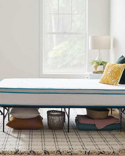 Linenspa 10” Memory Foam and Innerspring Hybrid Mattress + 14” Black Metal Platform Bedframe – Twin Mattress + Metal Folding Twin Bed Frame - LeafyLoom